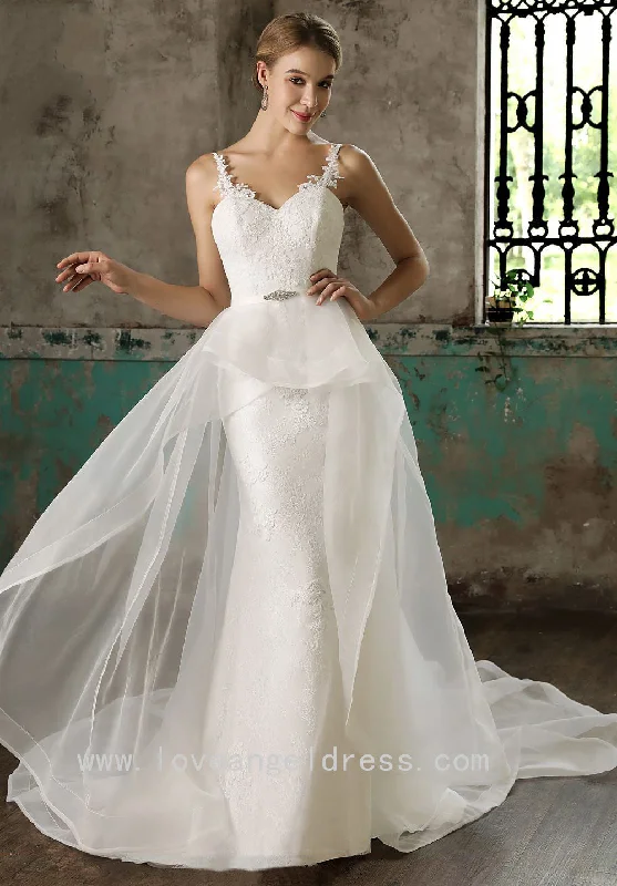 Spaghetti Straps Column Bride Lace Wedding Gown with Detachable Skirt denim skirt fashionable