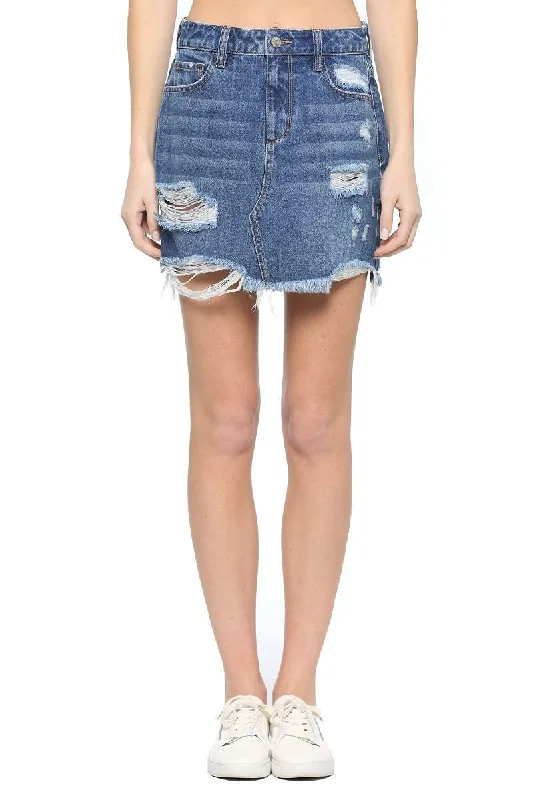 CLEARANCE- Destructed Denim Mini Skirt- Mid Wash denim skirt durable