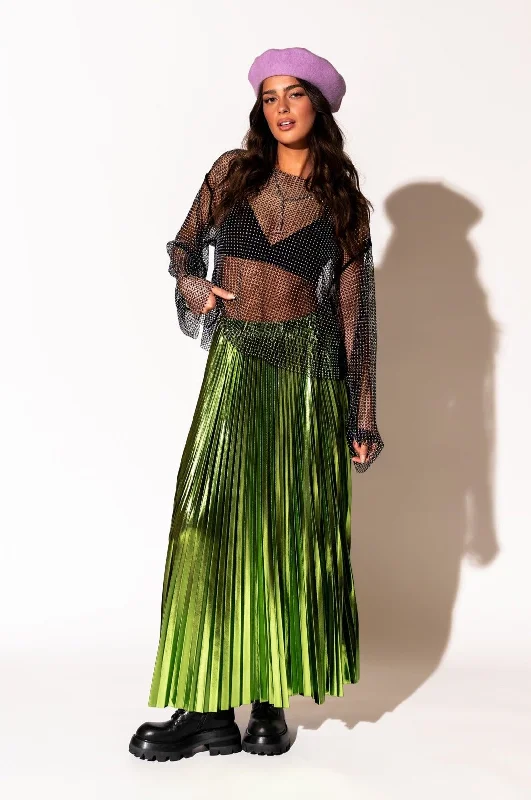 Metallic Pleated Midi Skirt in Electric Lime flowy skirt hem