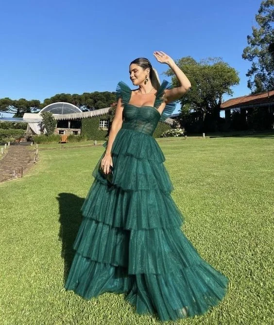 Hunter Green A-Line Strap Tulle Tiered Long Prom Dress Party Dress,DP468 Tunics Fleece cozy Hunter Green A-Line Strap Tulle Tiered Long Prom Dress Party Dress,DP468 Tunics Fleece cozy