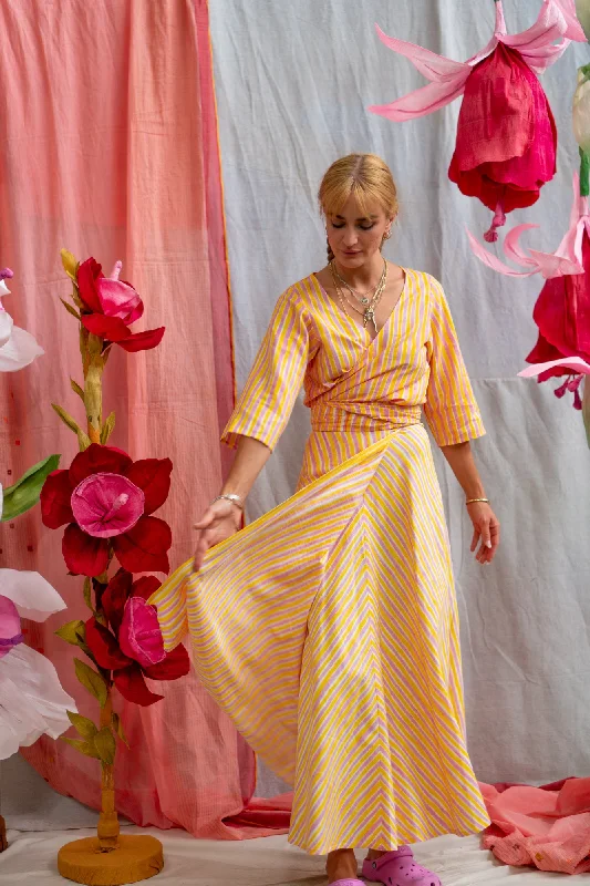 Maxi Wrap Skirt – Pink & Yellow Candy Stripe Print lace skirt romantic