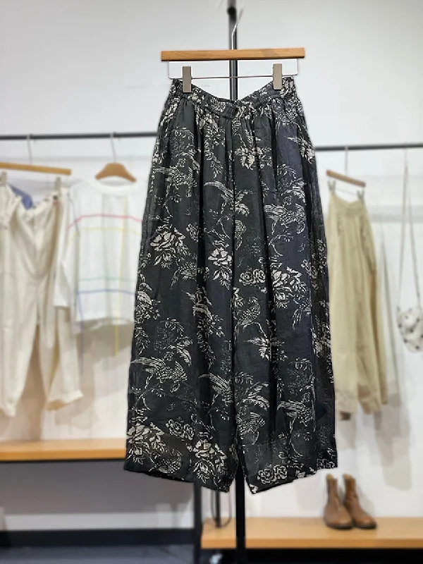 Women Spring Vinage Flower Ramie Wide-leg Pants Slim-Fit Leggings