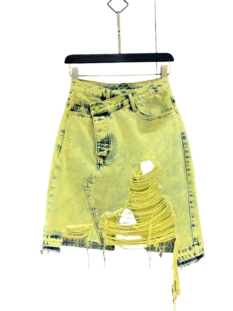 Denim Fluorescent Yellow Asymmetric Skirt wool skirt thick