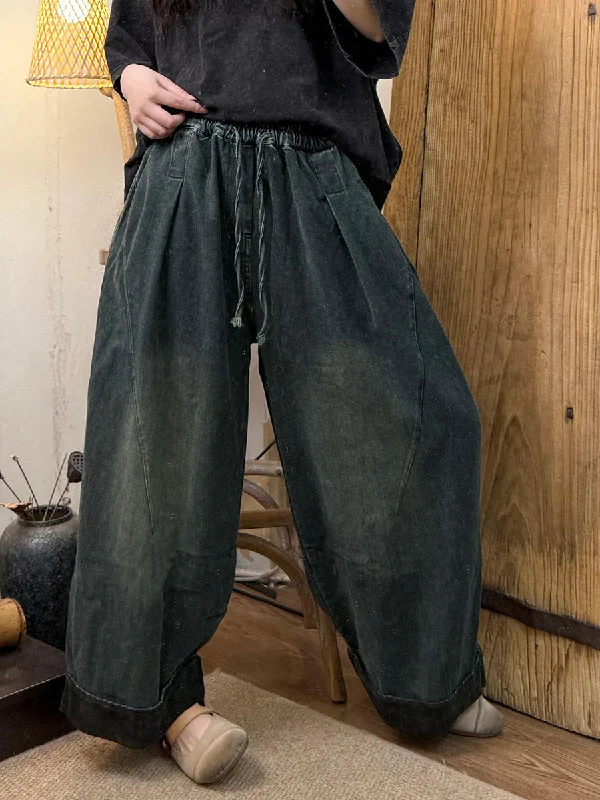 Women Spring Retro Washed Denim Wide-leg Pants Classic Flared Pants