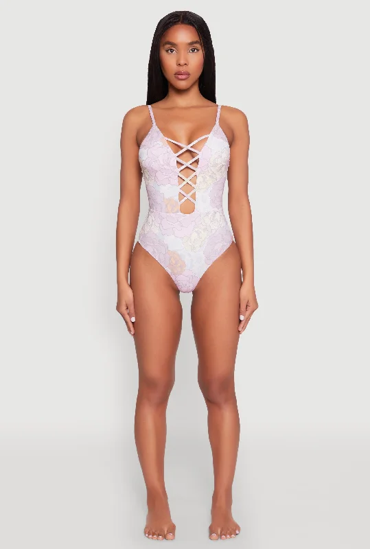 Floral Print Caged Front One Piece Swimsuit Push-Up Bikini Bottoms