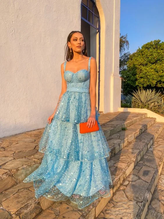 Blue A-Line Spaghetti Strap Tiered Long Prom Dress Party Dress,DP473 Tunics Versatile functional Blue A-Line Spaghetti Strap Tiered Long Prom Dress Party Dress,DP473 Tunics Versatile functional