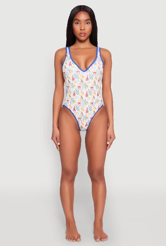 Tropical Crab Papaya Print One Piece Swimsuit Elegant Halter Bikini