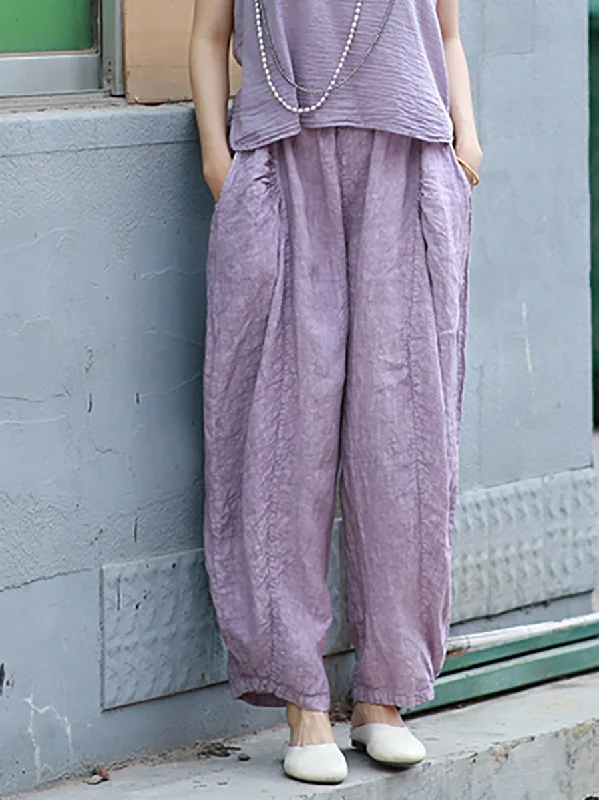 Women Vintage Summer Pure Color Linen Harem Pants Stylish Slim Trousers