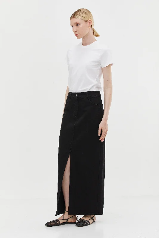 Denim Maxi Skirt Black elastic waist skirt