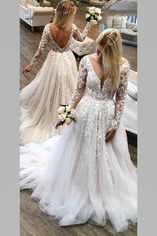 See-through Lace Long Sleeves Wedding Gowns Tulle Skirt wool skirt warm