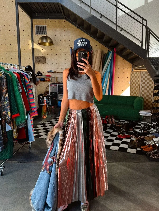 Metallic Pleated Midi Skirt in Ethereal Energy Panels corduroy skirt comfortable