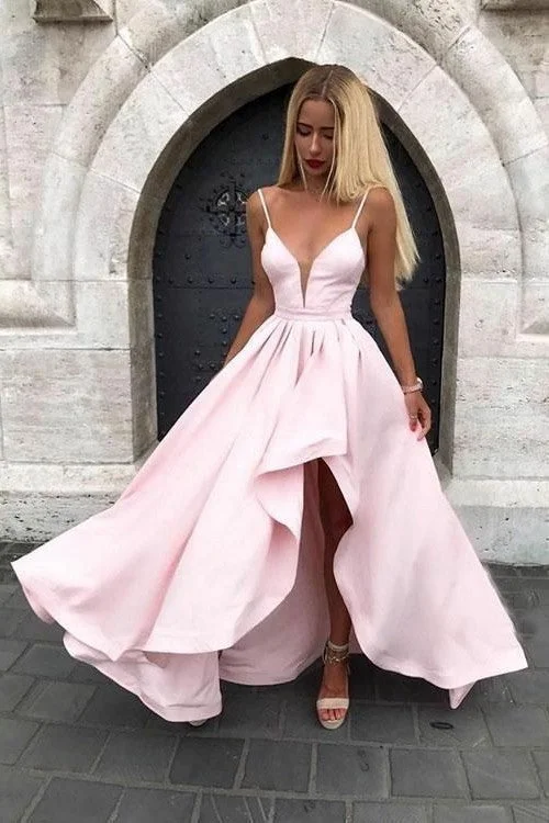 Spaghetti Straps Pink Prom Gown with Irregular Skirt chiffon skirt airy