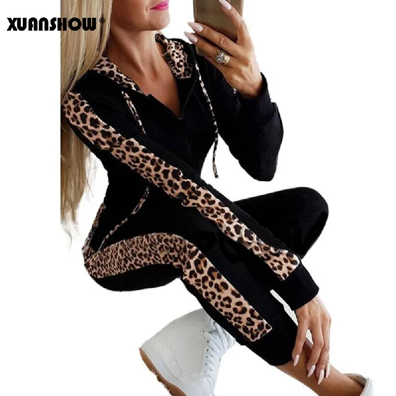 XUANSHOW Autumn Winter Fashion Tracksuit Women Splice Fleece Leopard Print Coat with Hood Two Pieces Set Hoodies Long Pants Suit Classic Cropped Pants