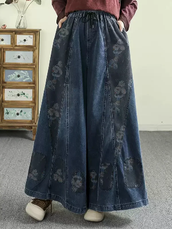 Women Spring Retro Flower Spliced Denim Wide-leg Pants Chic Wool Trousers