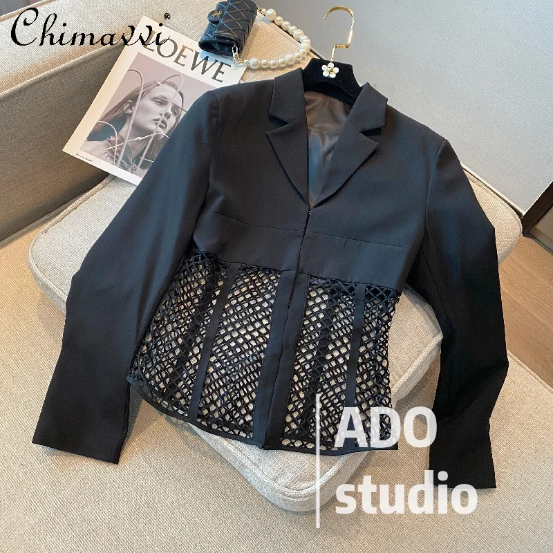 2022autumn and Winter Sexy Elegant Notched Black Suit Jacket Women's Loose Casual Hollow-out Blazer Coat A-Line Jacket Boat Neck Shawl Collar 2022autumn and Winter Sexy Elegant Notched Black Suit Jacket Women's Loose Casual Hollow-out Blazer Coat A-Line Jacket Boat Neck Shawl Collar