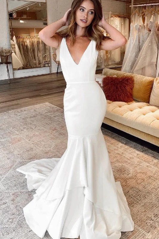 V-neck Mermaid Wedding Gowns with Layers Skirt belted skirt waist