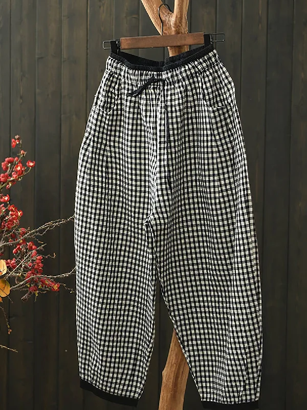 Women Spring Lattice Loose Linen Harem Pants Trendy Tapered Pants