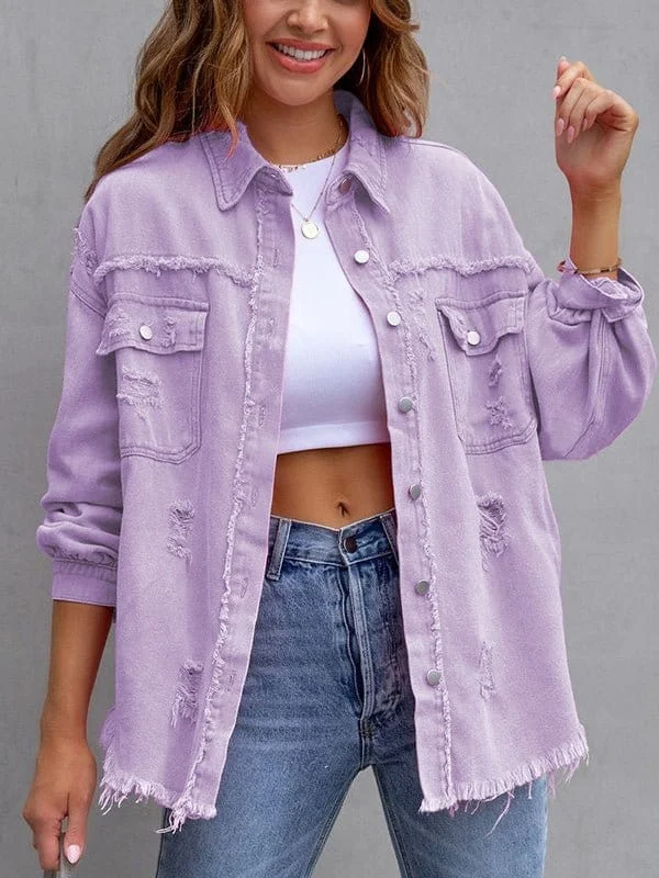 Button-Down Distressed Denim Jacket Fitted Jacket Loose Jacket Oversized Jacket