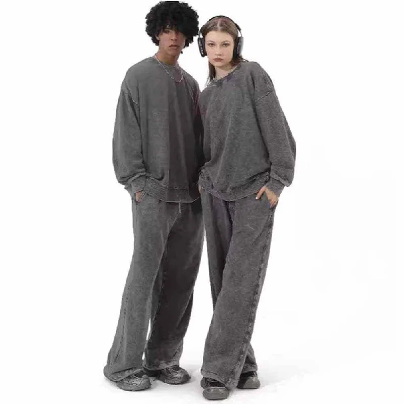 Multicolor Vintage Washed Crew Collar Sweatshirt Pants High-Waist Trousers