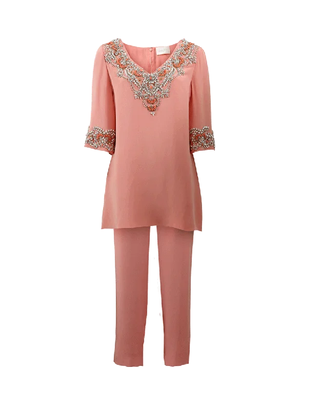 Embroidered Tunic With Pajama Pant Formal Wide-Leg Pants