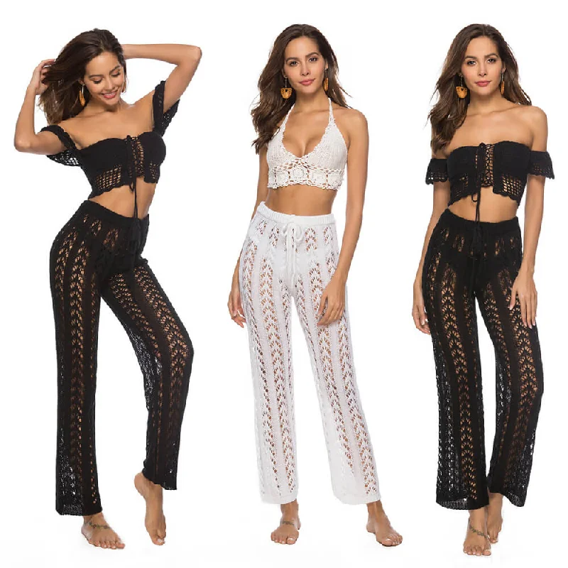 Holiday Style Loose Mesh Hollow Beach Pants Warm Wool Trousers