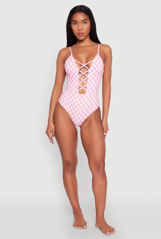 Checkered Print Caged Front One Piece Swimsuit Classic One-Piece