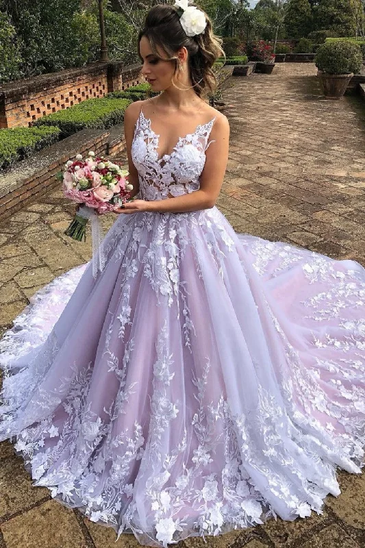 V-neckline Lace Floral Wedding Gown with Contrast Color Skirt patchwork skirt art