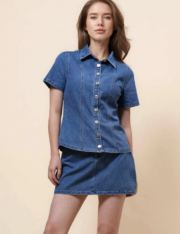 Ladies Lapel Top & Skirts 2PCS Denim Set SKST41042 button skirt front