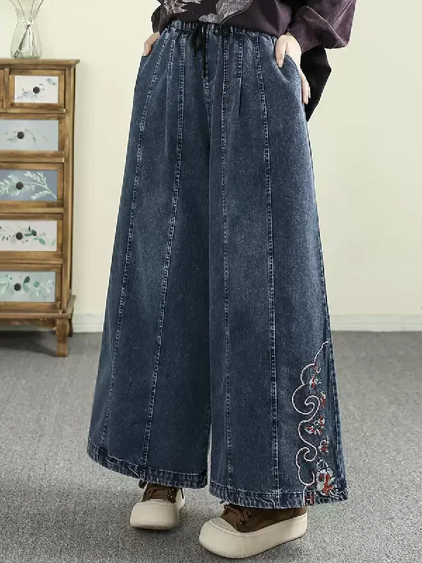Women Vinage Embroidery Denim Wide-leg Pants Cozy Fitted Pants