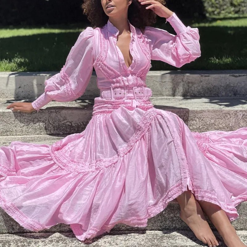 Advbridge Runway Designer Autumn Party Dress Elegant Women Pink Ruffles Single Breasted Lantern Sleeve Shirt Long Dresses With Belt Tunics Short Trendy Advbridge Runway Designer Autumn Party Dress Elegant Women Pink Ruffles Single Breasted Lantern Sleeve Shirt Long Dresses With Belt Tunics Short Trendy