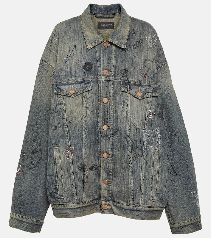 Balenciaga Embellished denim jacket Toggled Jacket Drawstring Jacket Belted Jacket