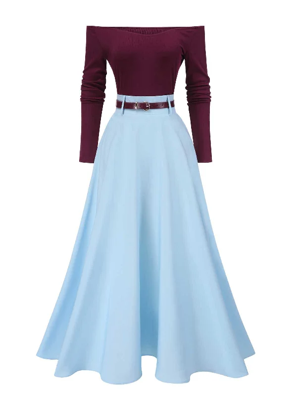 2PCS 1950s Off-Shoulder Top & Solid Belted Skirt denim skirt classic