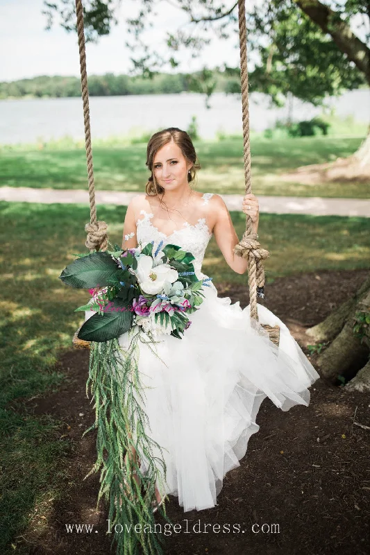 Illusion Neckline Sleeveless A-line Lace Wedding Gowns with Tulle Skirt corduroy skirt durable