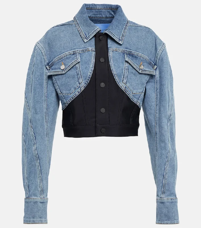 Mugler Denim-paneled cropped jacket Welt Pockets Slit Pockets Flap Pockets
