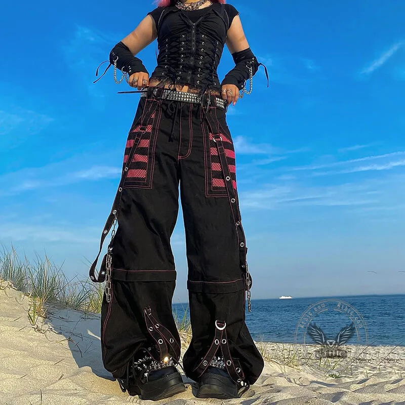 Gothic Striped Mesh Patchwork Cargo Pants Relaxed Casual Leggings