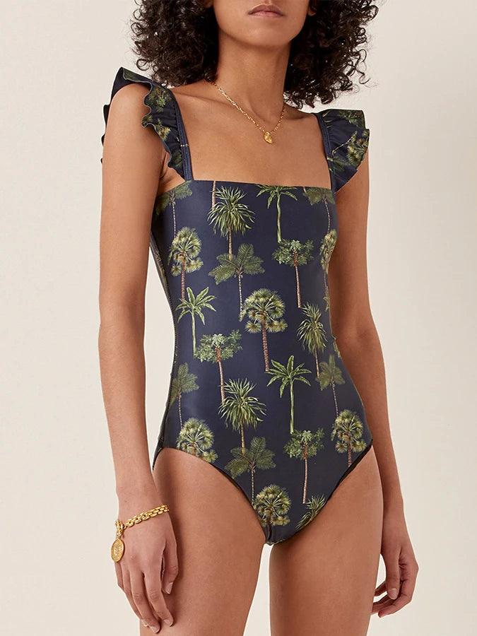 Dark Blue Floral Peplum Swimsuit Fashionable Beachwear Set Swimsuit with Skirt