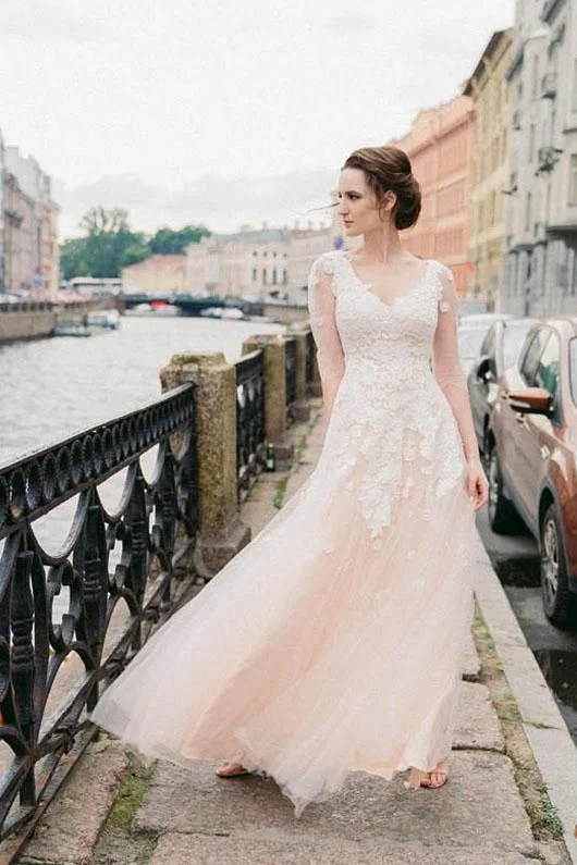 Illusion Long-sleeves Lace Wedding Gown with Blush Pink Tulle Skirt wool skirt sturdy