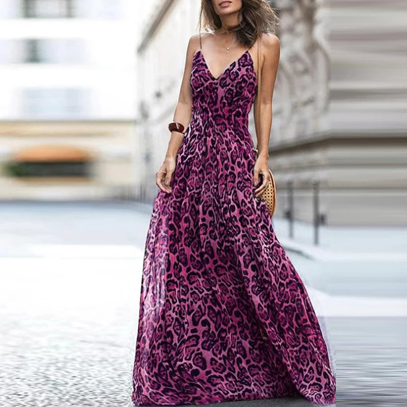 Advbridge - Elegant Deep V-neck Sleeveless Bohe Long Dress Women Fashion Leopard Print Suspender Dress Casual Hight Waist Pleat Party Dress Tunics Satin smooth Advbridge - Elegant Deep V-neck Sleeveless Bohe Long Dress Women Fashion Leopard Print Suspender Dress Casual Hight Waist Pleat Party Dress Tunics Satin smooth