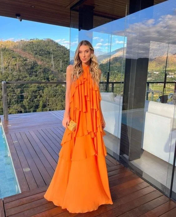 Orange Halter Ruffle Backless A-Line Long Prom Dress Evening Party Dress,DP478 Pencil Length Work Orange Halter Ruffle Backless A-Line Long Prom Dress Evening Party Dress,DP478 Pencil Length Work