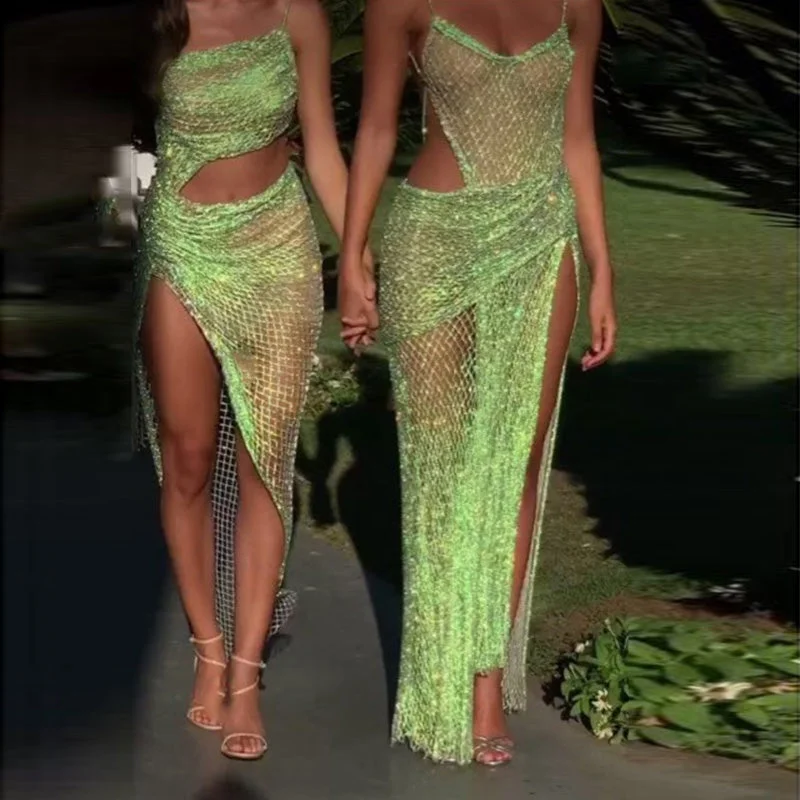 Neon Green Spaghetti High Slit Cocktail Party Dress RM025 Tunics Stylish modern