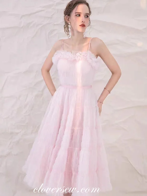 Soft Pink Ruffles Tulle Spaghetti Strap A-line Tea Length Party Dresses, CH0058 Tunics Leisure comfortable Soft Pink Ruffles Tulle Spaghetti Strap A-line Tea Length Party Dresses, CH0058 Tunics Leisure comfortable