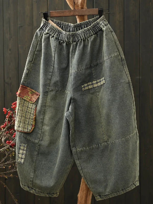 Women Vinage Denim Patch Spliced Harem Pants Comfortable Pleated Pants