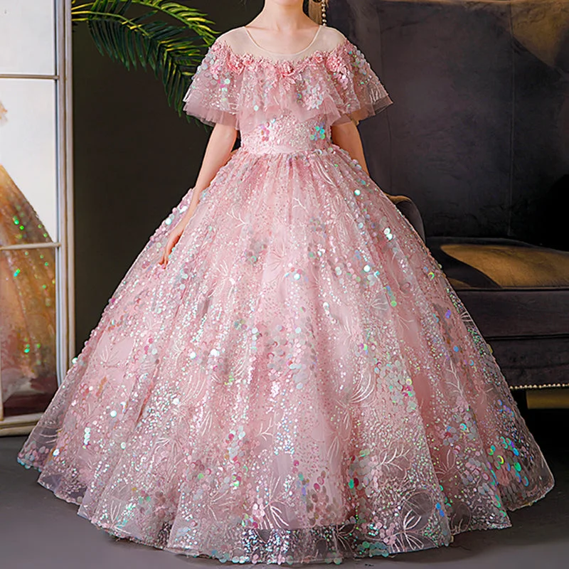 Girl Princess Party Dress Summer Pink Sequins Puffy Pageant Communion Dress Tunics Denim casual