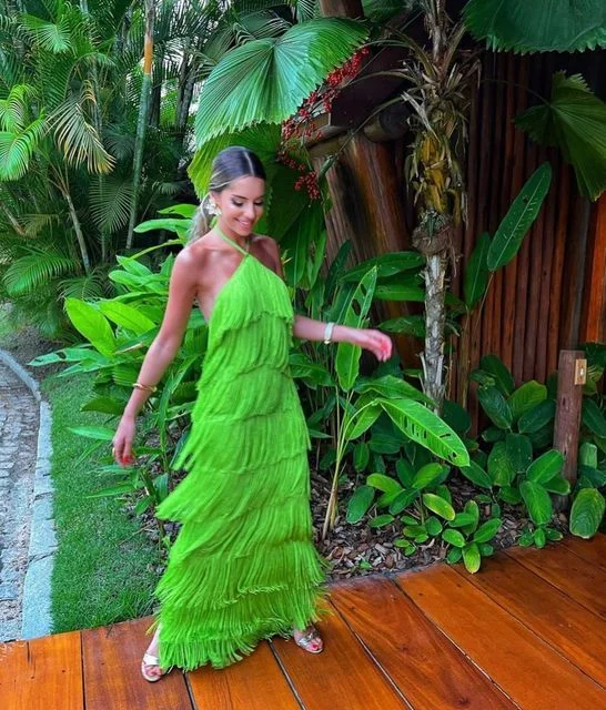 Green A-Line Halter Tassel Long Prom Dress Party Dress,DP526 Tunics Vintage classic