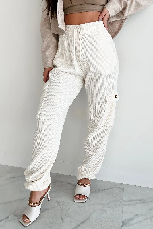 Leave Me Alone Cargo Waffle Knit Pants (Cream) Lightweight Jogger Pants