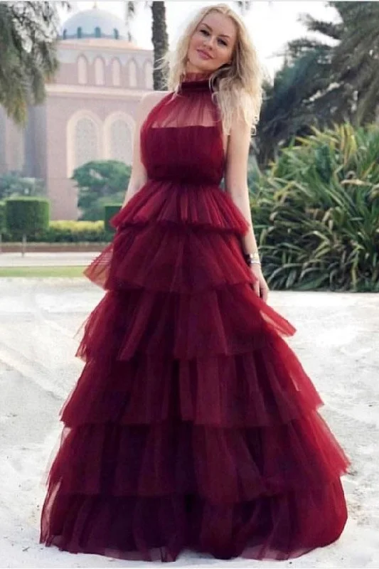 High Neck Burgundy Tulle Evening Gown with Tiered Skirt satin skirt smooth