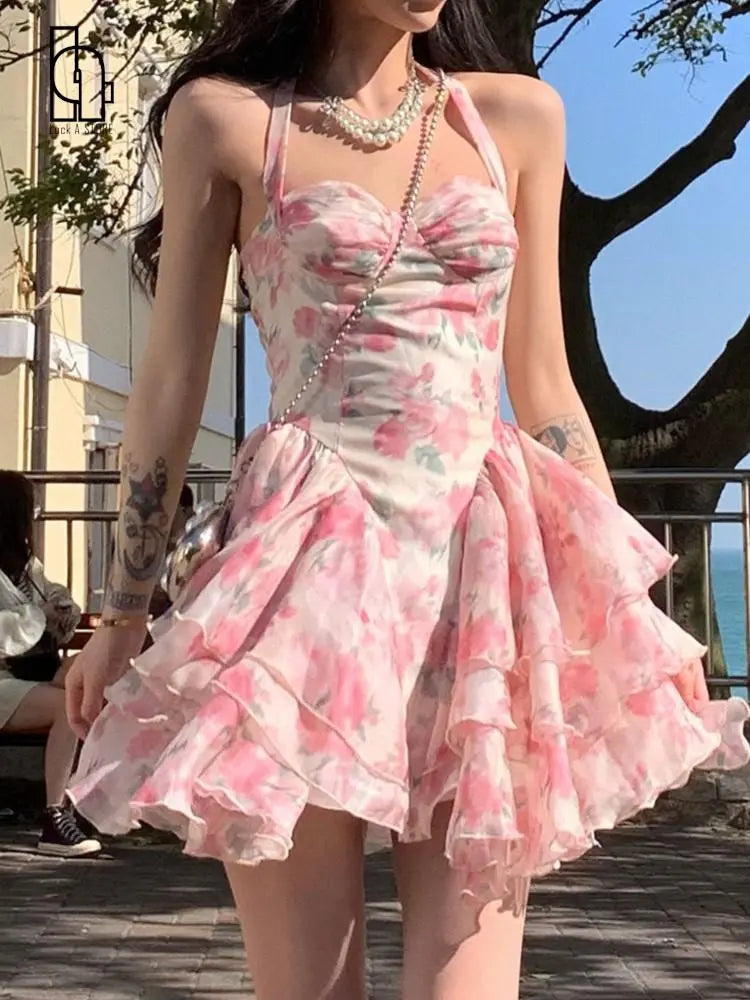 Advbridge Summer Women Sleeveless Sweet Pink Print Beach Dress Female Slim Holiday Halter Mini Dress Tierred Birthday Party Dress Tunics Brand named Advbridge Summer Women Sleeveless Sweet Pink Print Beach Dress Female Slim Holiday Halter Mini Dress Tierred Birthday Party Dress Tunics Brand named