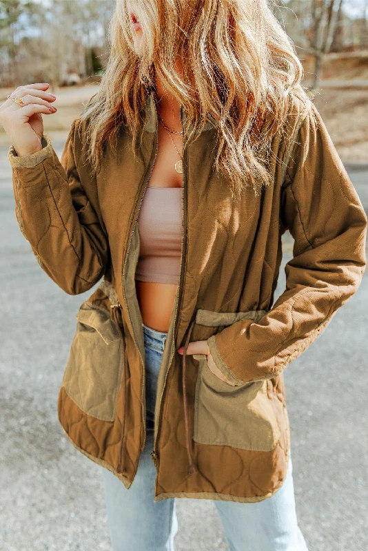 Brown Stitching Quilted Drawstring Jacket Hoodie Zip-Up Jacket Button-Up Jacket