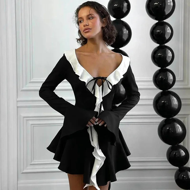 Advbridge Elegant Ruffles Mini Dress Women Sexy Backless Lace-up Christmas Party Dress Winter Fashion Flare Long Sleeve Slim Dress 2024 Tunics Versatile stylish