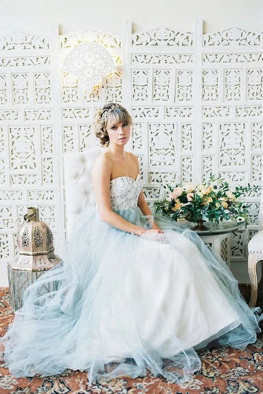 Lace Strapless Wedding Gown Dusty Blue Tulle Skirt cashmere skirt soft